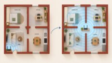 Plano de un apartamento con el router en una esquina y reubicado en el centro para mejorar la cobertura wifi