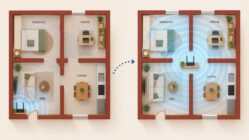 Plano de un apartamento con el router en una esquina y reubicado en el centro para mejorar la cobertura wifi