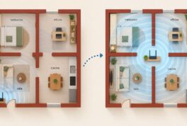 Plano de un apartamento con el router en una esquina y reubicado en el centro para mejorar la cobertura wifi