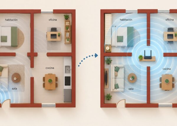 Plano de un apartamento con el router en una esquina y reubicado en el centro para mejorar la cobertura wifi