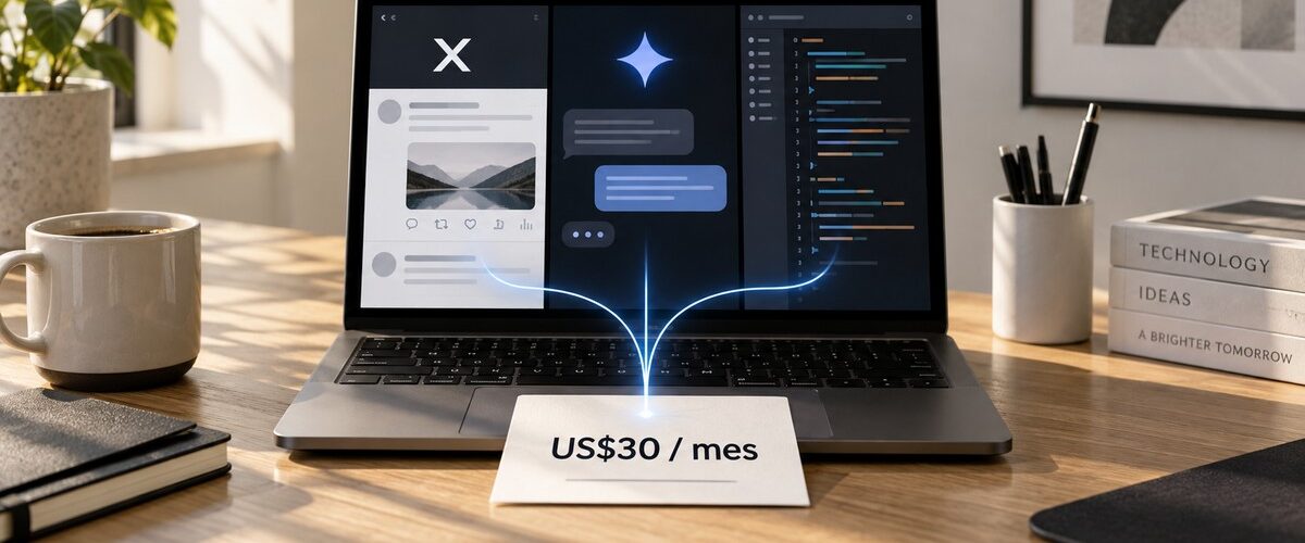 Ilustración de una laptop con paneles de red social, chat de IA y código que convergen en una suscripción de US$30 al mes.