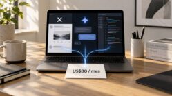Ilustración de una laptop con paneles de red social, chat de IA y código que convergen en una suscripción de US$30 al mes.