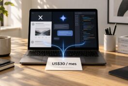Ilustración de una laptop con paneles de red social, chat de IA y código que convergen en una suscripción de US$30 al mes.
