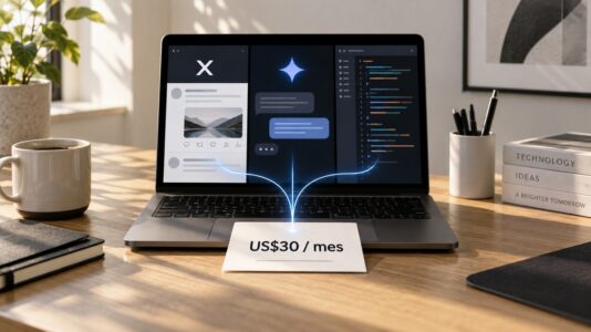 Ilustración de una laptop con paneles de red social, chat de IA y código que convergen en una suscripción de US$30 al mes.