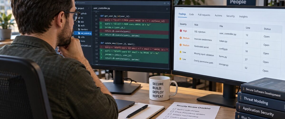 Ilustración de un analista de ciberseguridad revisando código y vulnerabilidades