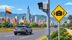 Ilustración editorial: una cámara de fotomulta en un poste captando los carros que pasan por una avenida de Bogotá