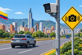 Ilustración editorial: una cámara de fotomulta en un poste captando los carros que pasan por una avenida de Bogotá