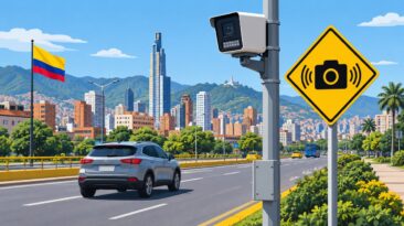 Ilustración editorial: una cámara de fotomulta en un poste captando los carros que pasan por una avenida de Bogotá
