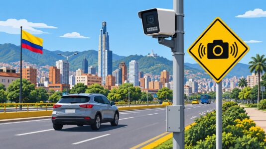 Ilustración editorial: una cámara de fotomulta en un poste captando los carros que pasan por una avenida de Bogotá