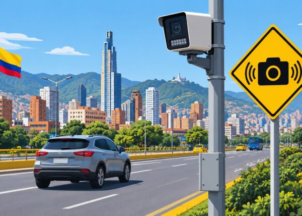 Ilustración editorial: una cámara de fotomulta en un poste captando los carros que pasan por una avenida de Bogotá