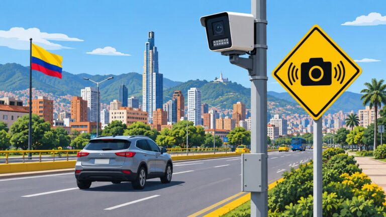 Ilustración editorial: una cámara de fotomulta en un poste captando los carros que pasan por una avenida de Bogotá