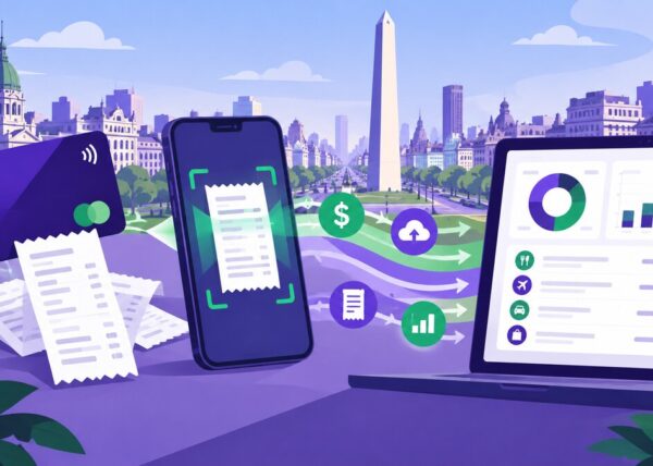 Ilustración editorial: una tarjeta corporativa y un panel de gastos automatizado con IA sobre el horizonte de Buenos Aires